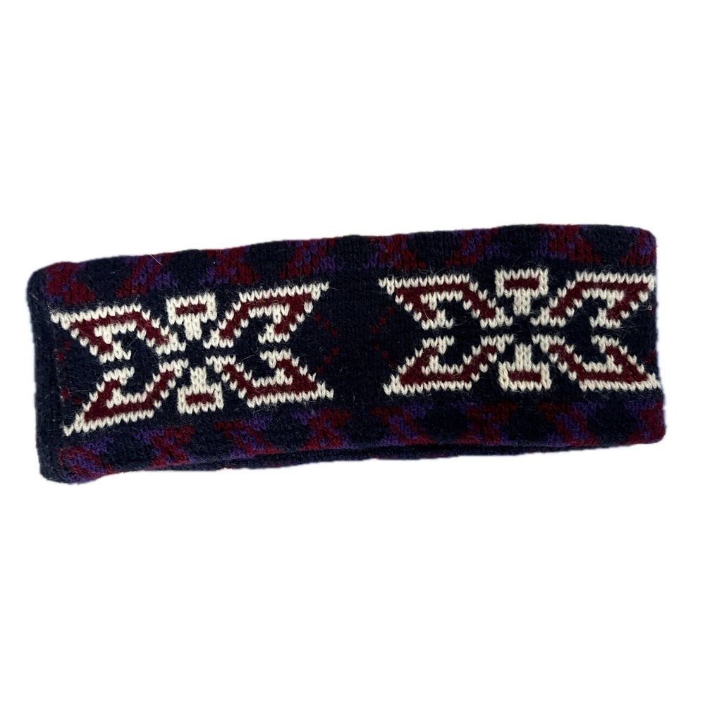 Vintage Hat Knit Headband Ear Warmer Fair Isle Geometric Design Purple Red White
